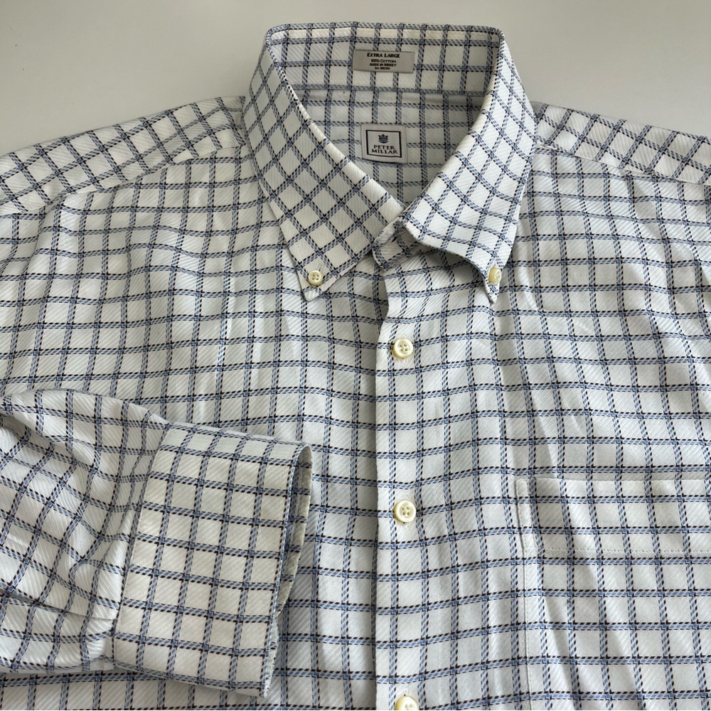 Peter Millar Men’s Long Sleeve Button Down Blue Brown Check XL 100%‎ cotton